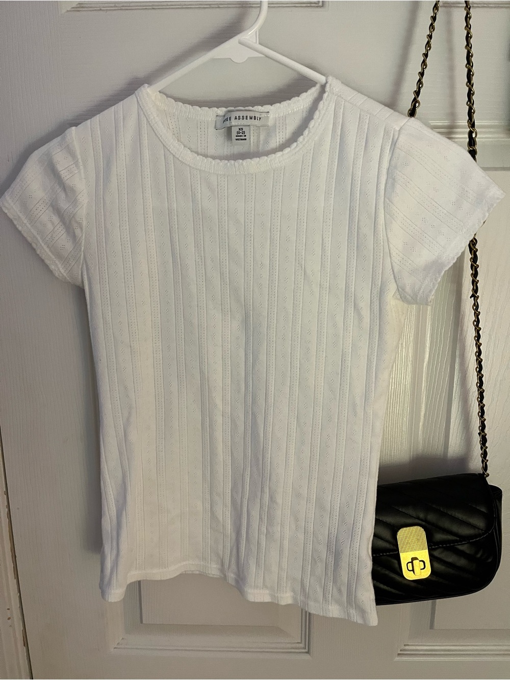 Assembly Label White Ribbed Short Sleeve Tee with Eyelet Detail